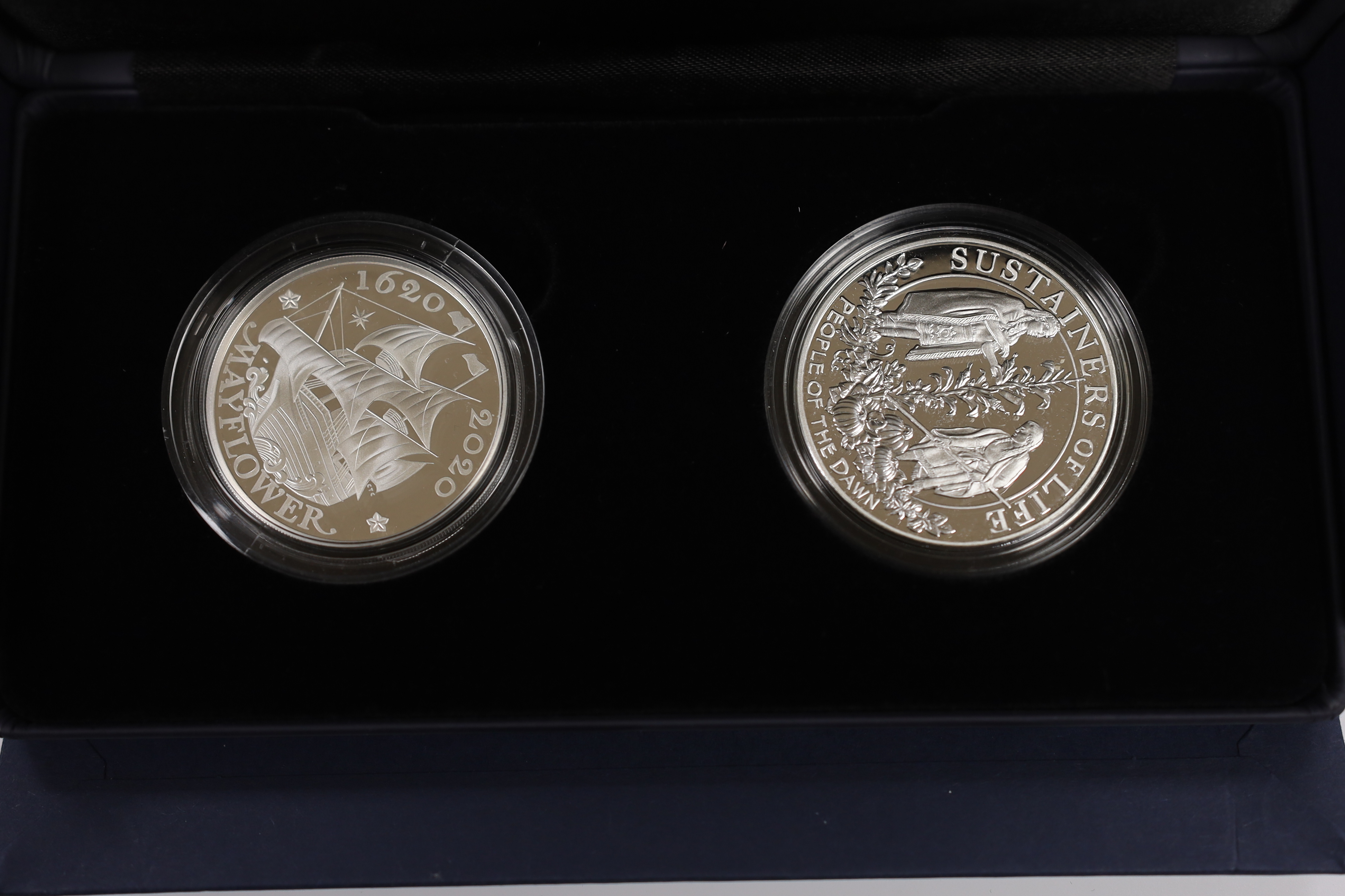 Royal Mint UK QEII silver proof coins - 2020 400th Anniversary of the Mayflower Voyage coin and medal set, three 2022 The Queen’s Reign £5, 2022 50 Years of Pride piedfort colour 50p, 2022 The 150th Anniversary of the FA